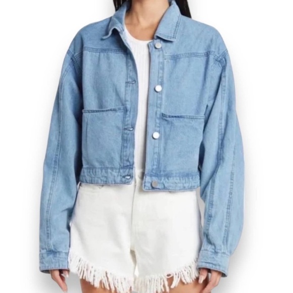 Blank NYC Cropped Demin Trucker Jacket Elastic Waist  M - Picture 9 of 10
